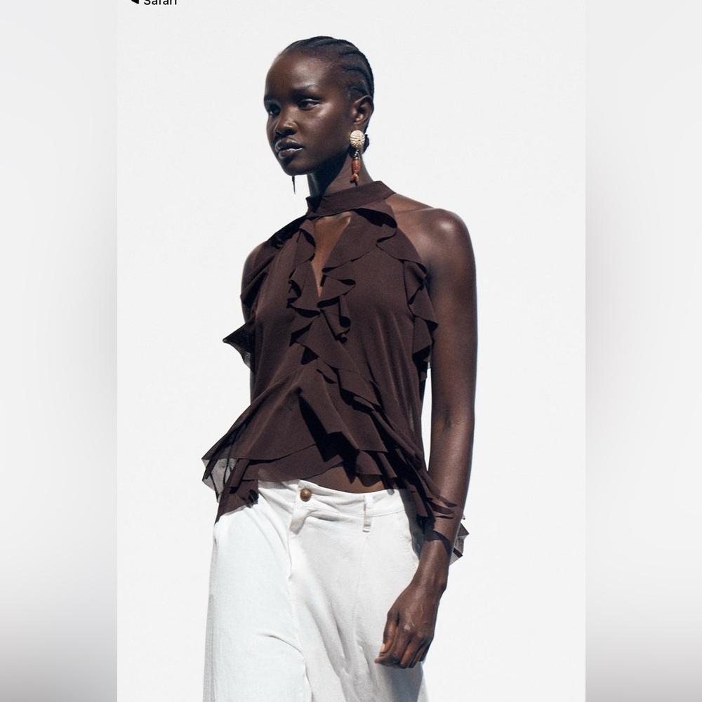 Zara Brown Asymmetrical Ruffled Blouse Sleeveless
